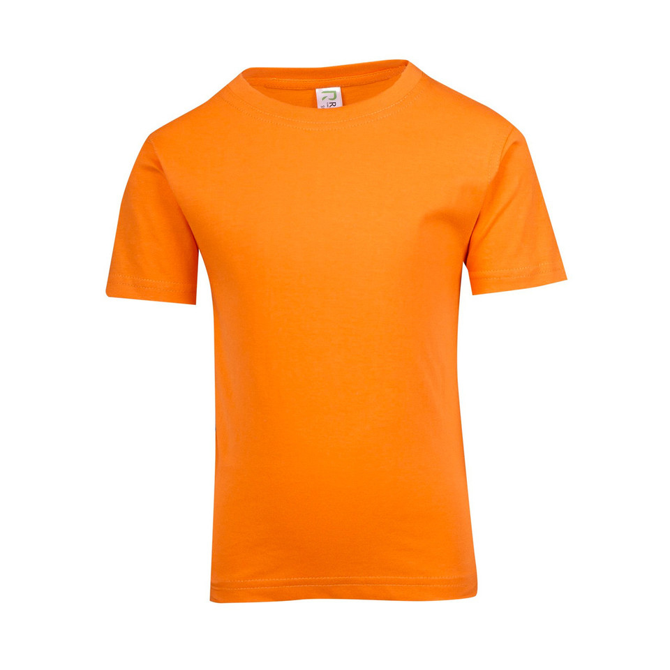 Bright orange crew neck t-shirt with short sleeves and smooth cotton construction