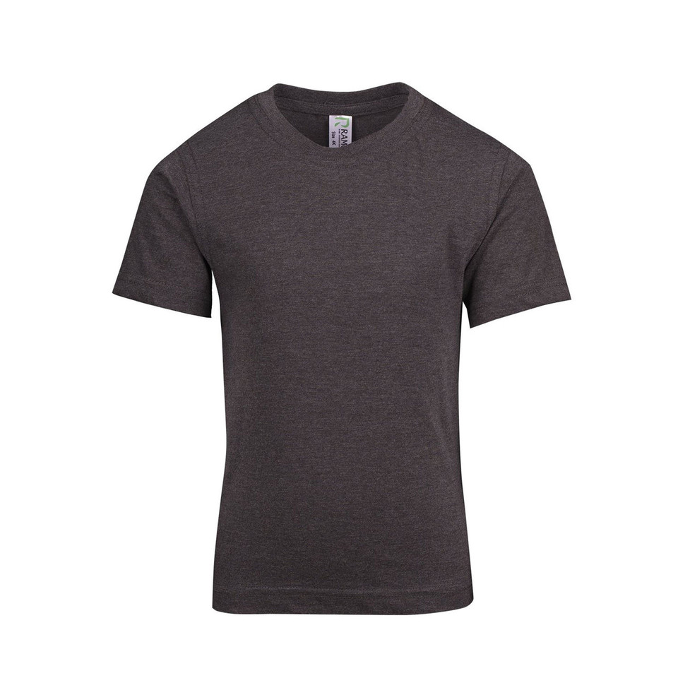 Charcoal heather crew neck t-shirt with short sleeves and smooth flat front panel