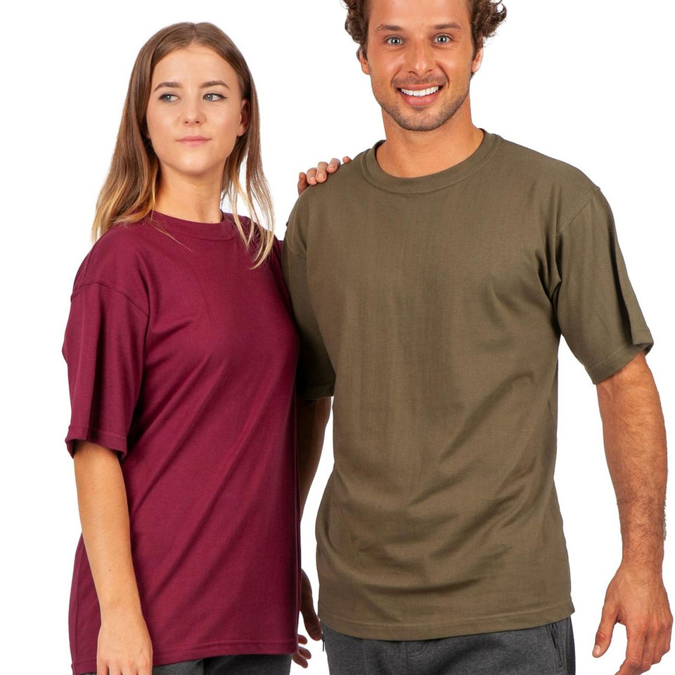 Maroon and olive green unisex crew neck t-shirts with short sleeves on plain white background