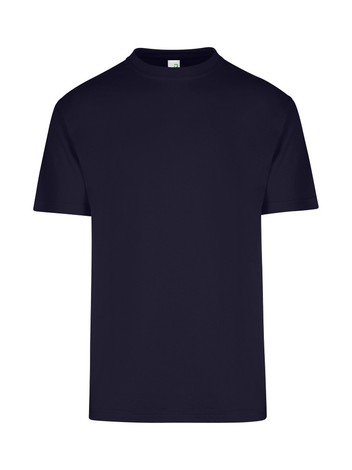Navy crew neck t-shirt with short sleeves and ribbed collar on plain background