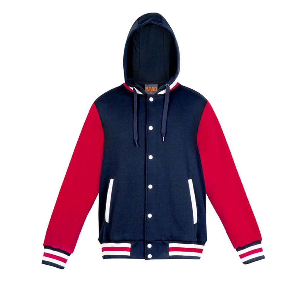 Navy hooded varsity jacket with red contrast sleeves, white snap buttons and striped ribbed cuffs