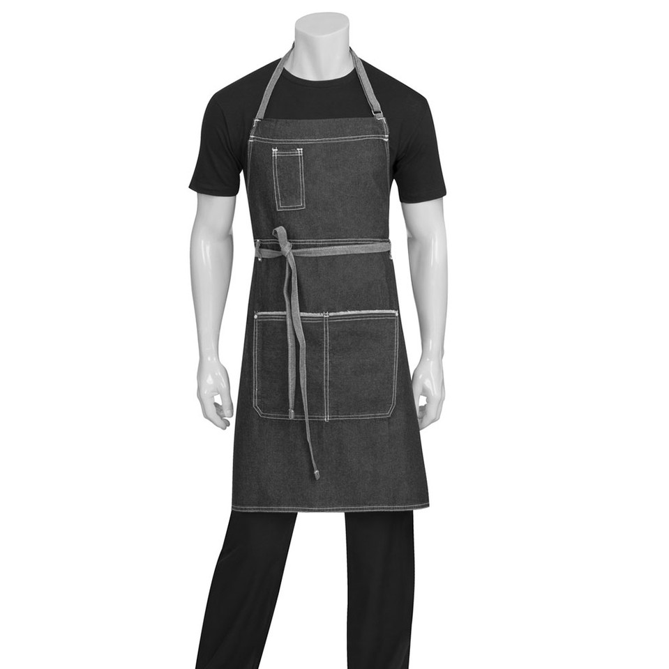 Charcoal denim full bib apron with contrast white stitching, chest pocket and two large front pockets, worn by mannequin