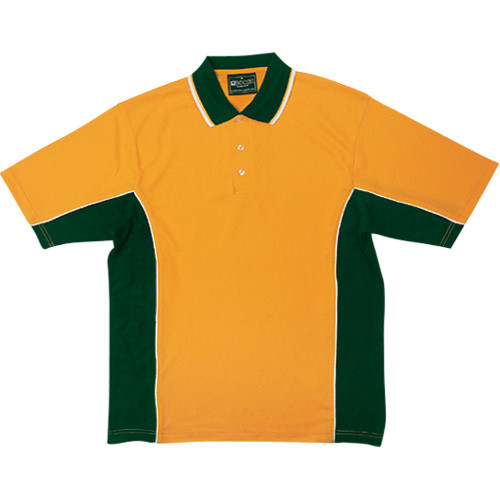 Gold polo shirt with bottle green contrast collar, side panels and sleeve trim