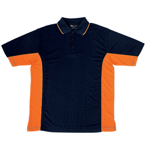Navy blue polo shirt with orange contrast side panels and orange collar tipping