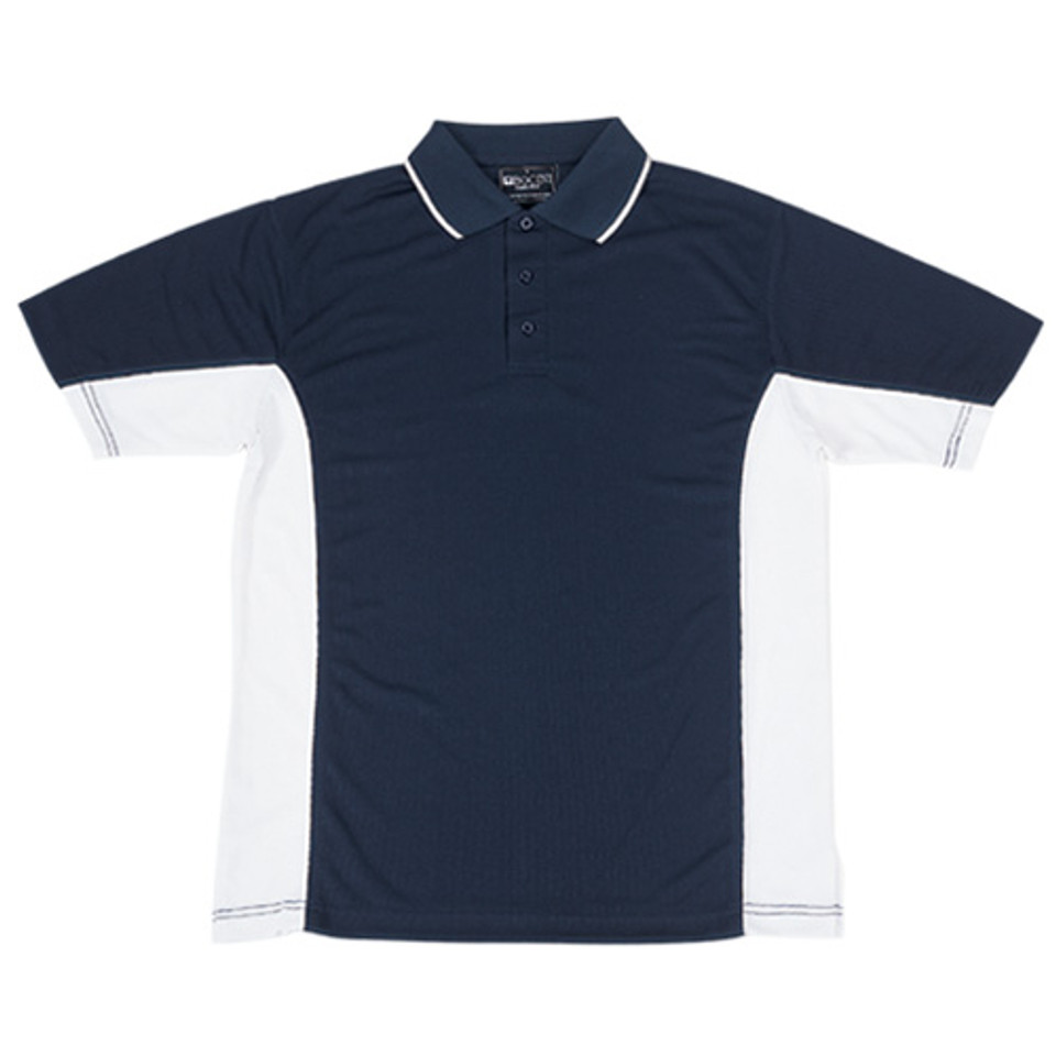 Navy+White Plain ROYAL men's quick-dry short-sleeve polo shirt with contrast panels and piping, made from moisture-wicking polyester, ideal for sports and team uniforms.