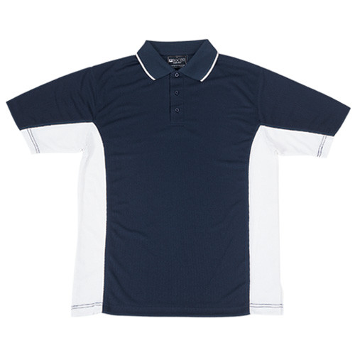 Navy polo shirt with white contrast side panels and tipped collar, laid flat