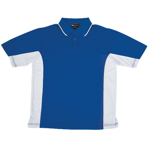 Royal blue polo shirt with white contrast side panels and tipped collar