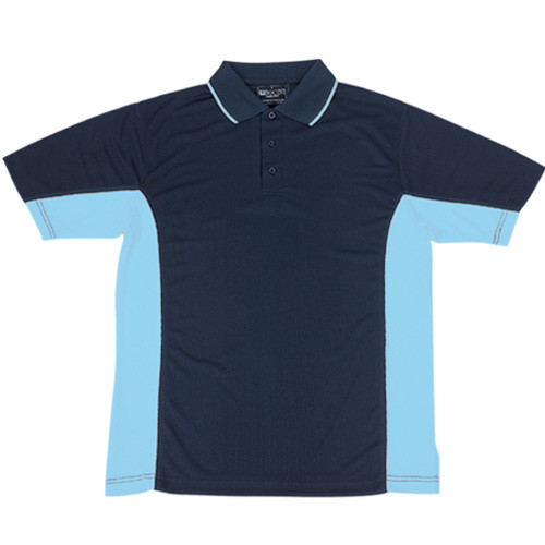 Navy polo with sky blue contrast side panels and white collar tipping