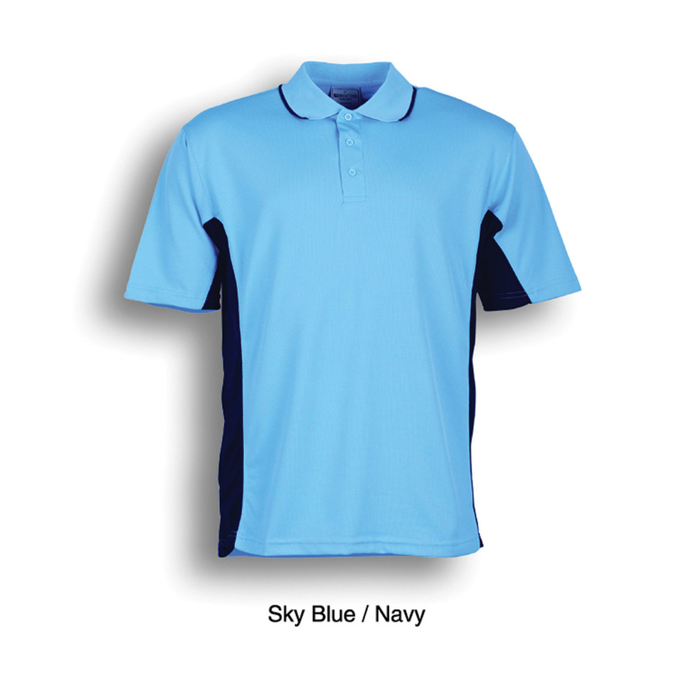 Sky blue polo shirt with navy contrast side panels and matching collar trim, short sleeves, button placket