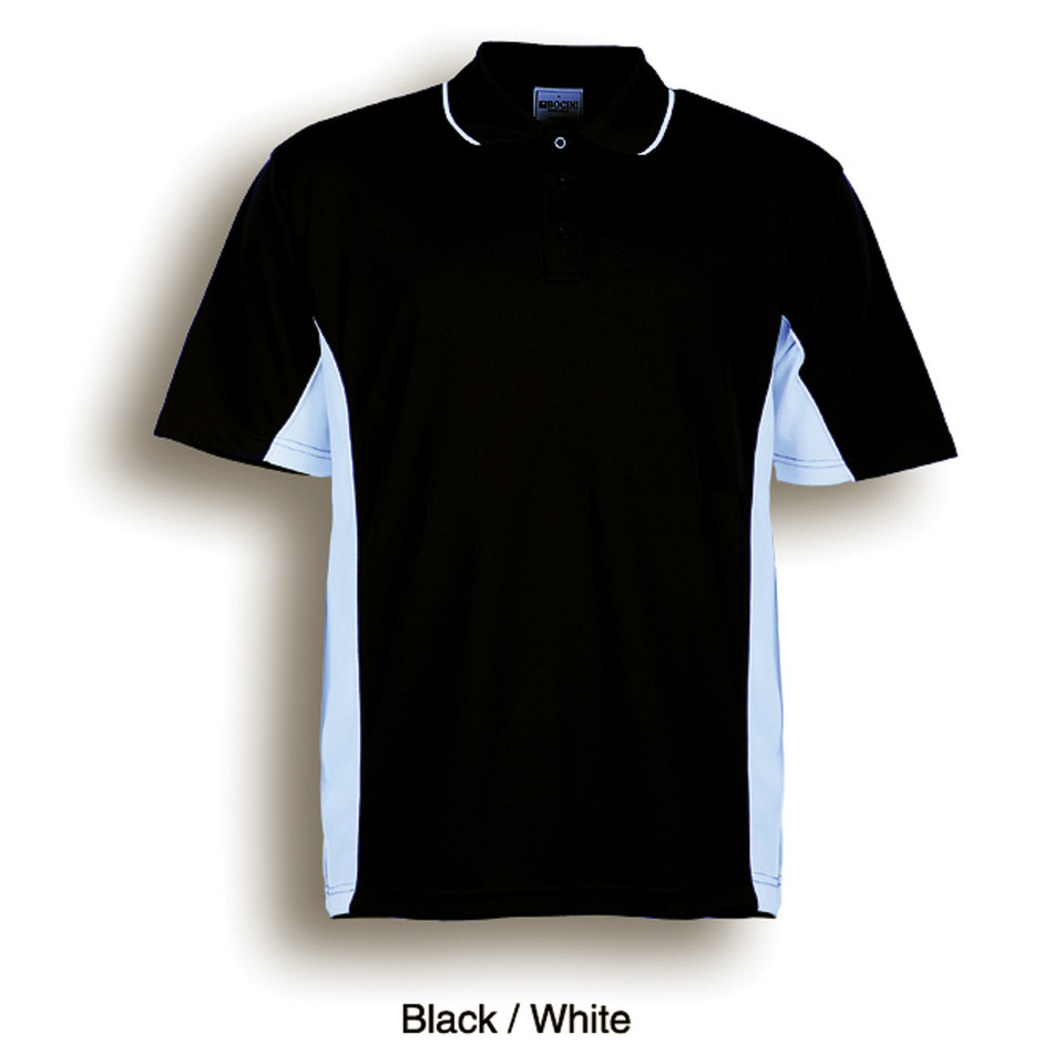 Black polo shirt with white contrast side panels and white collar tipping for kids