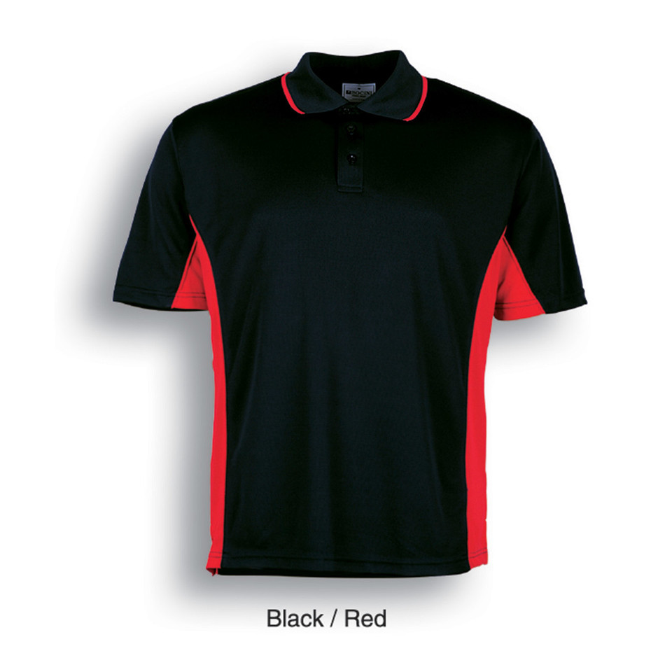 Black polo shirt with red contrast side panels and collar tipping for kids