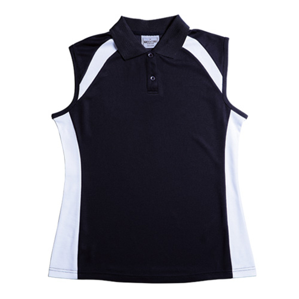 womens plain sleeveless contrast polos | black+white