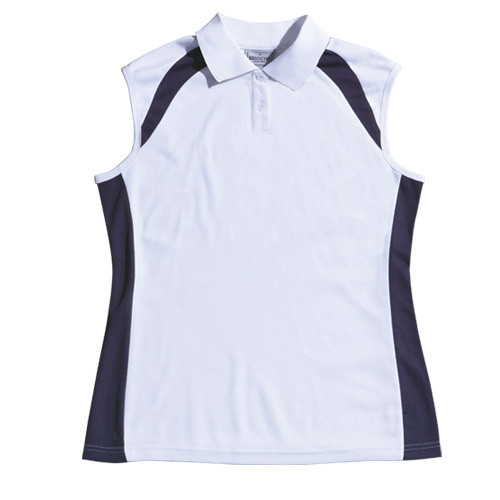 White sleeveless polo shirt with navy contrast side panels and collar trim