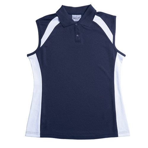 Navy sleeveless polo with white contrast side panels and shoulder inserts featuring collar and button placket