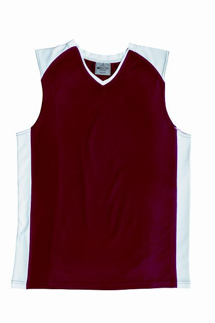 Maroon basketball singlet with white contrast side panels and v-neck trim