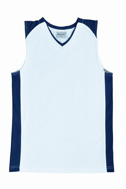 Light blue basketball singlet with navy contrast panels and v-neck