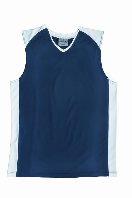 Navy sleeveless basketball singlet with white side panels and V-neck contrast trim