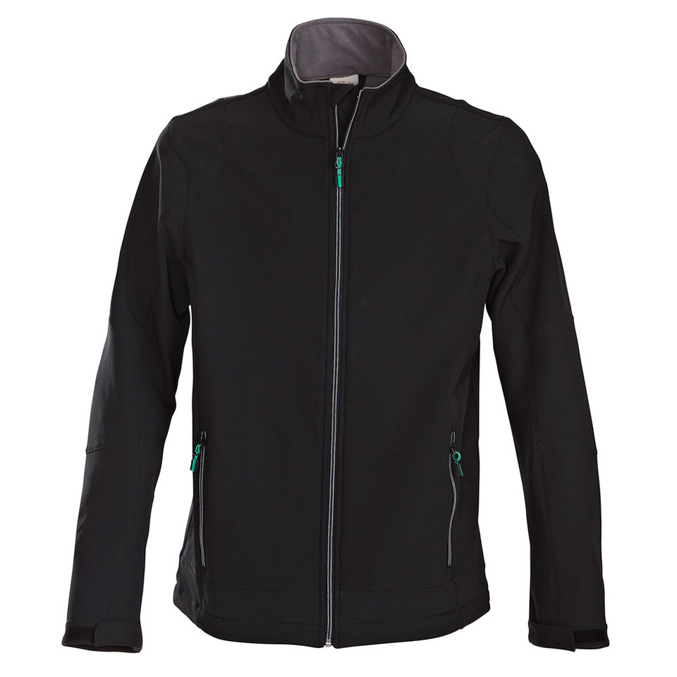 Black soft shell jacket with grey collar trim and teal zipper accents on chest and pockets