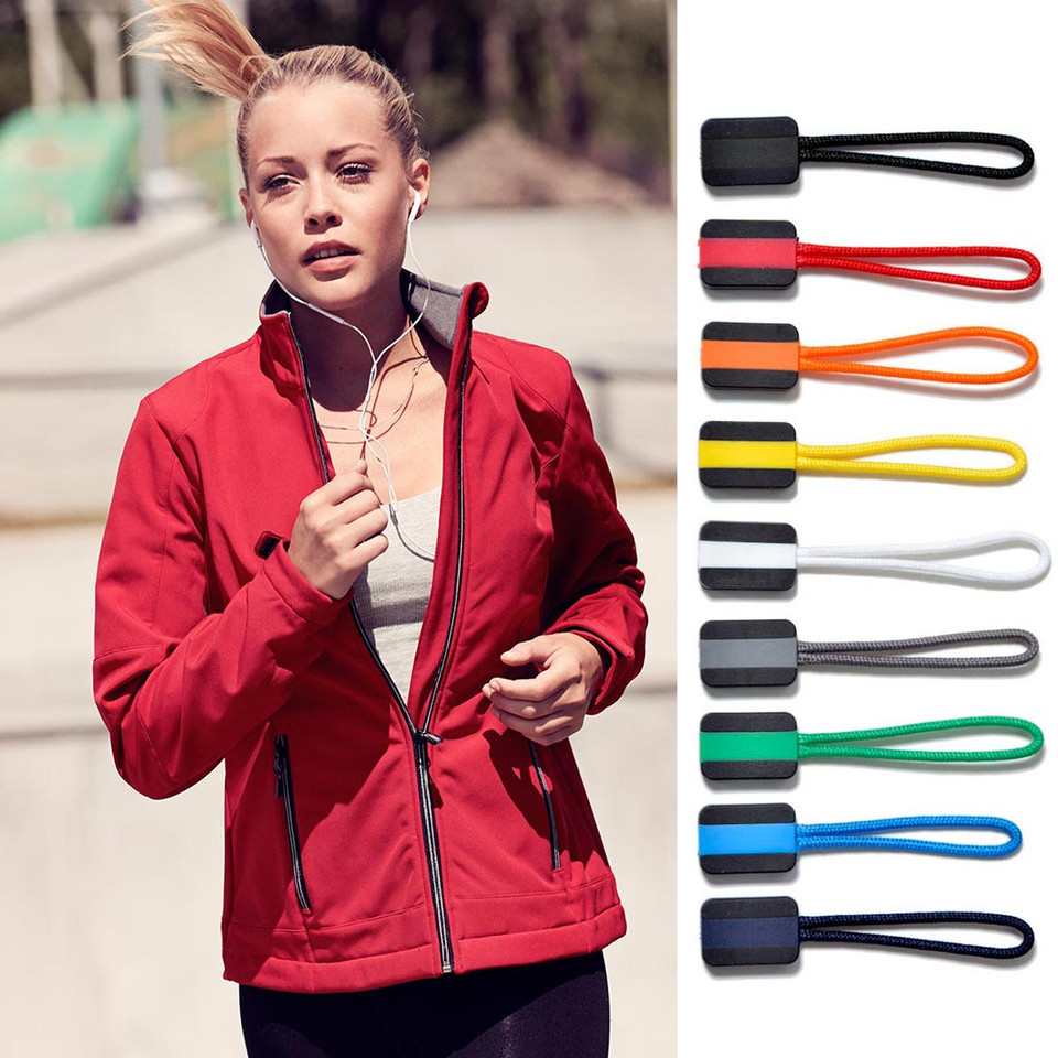Woman running in red soft shell zip jacket with grey contrast collar, beside zip puller colour options