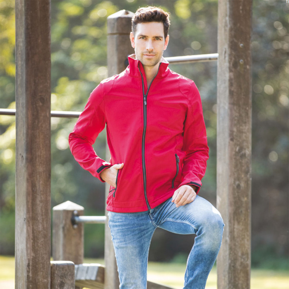 Bright red soft shell jacket with black contrast zipper and side pockets, standing collar