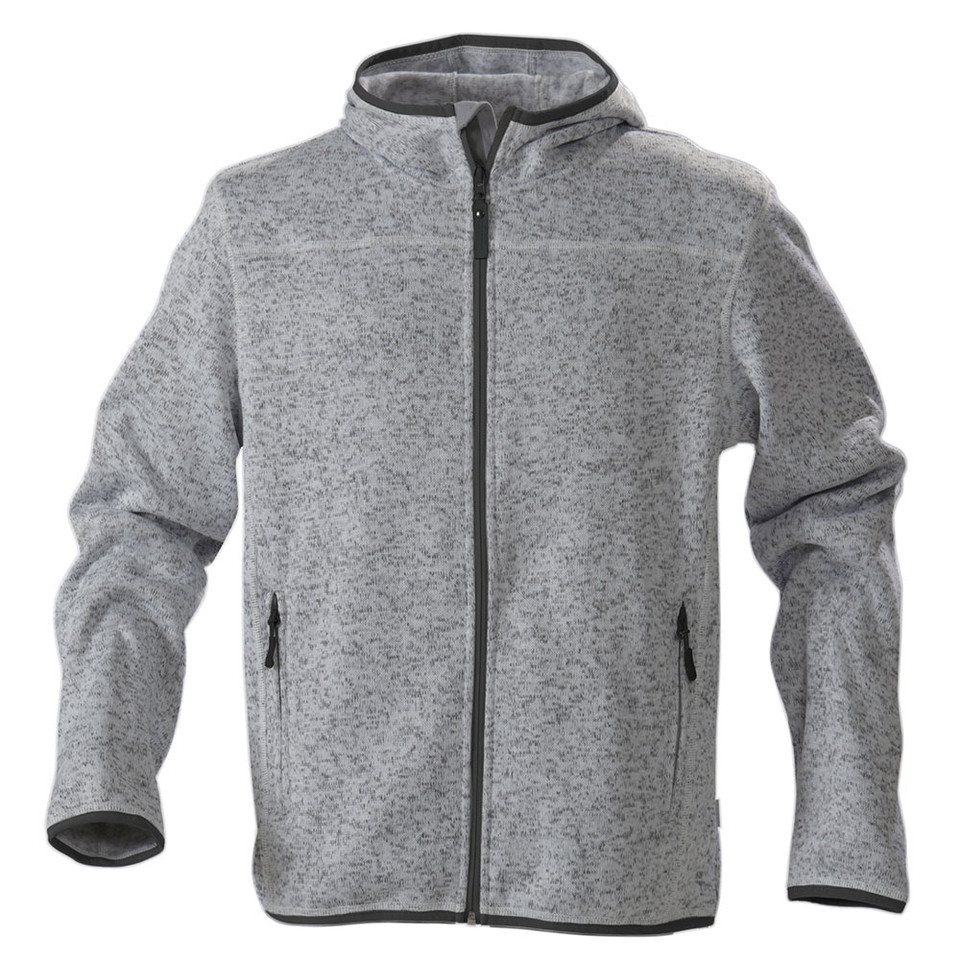 Grey marle knit fleece hooded jacket with full zip and contrasting charcoal trim