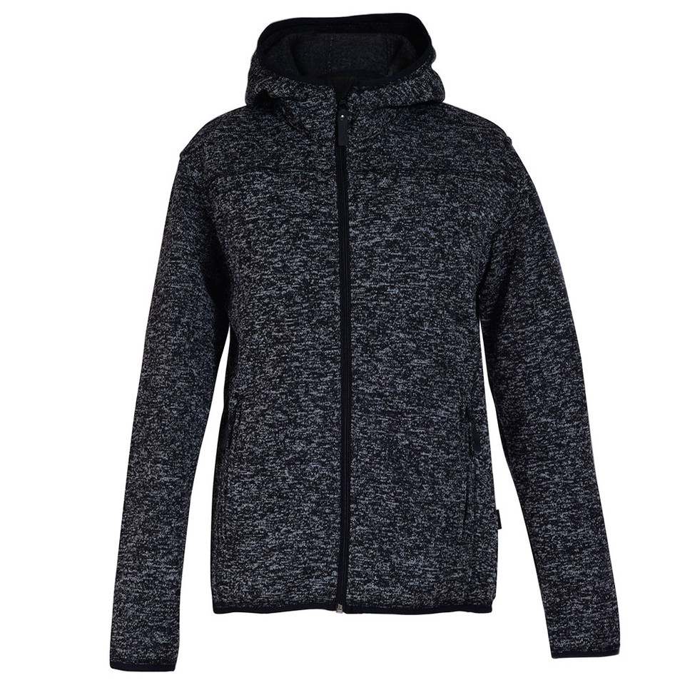 Charcoal marle knit fleece hooded jacket with black hood lining and full zip front closure