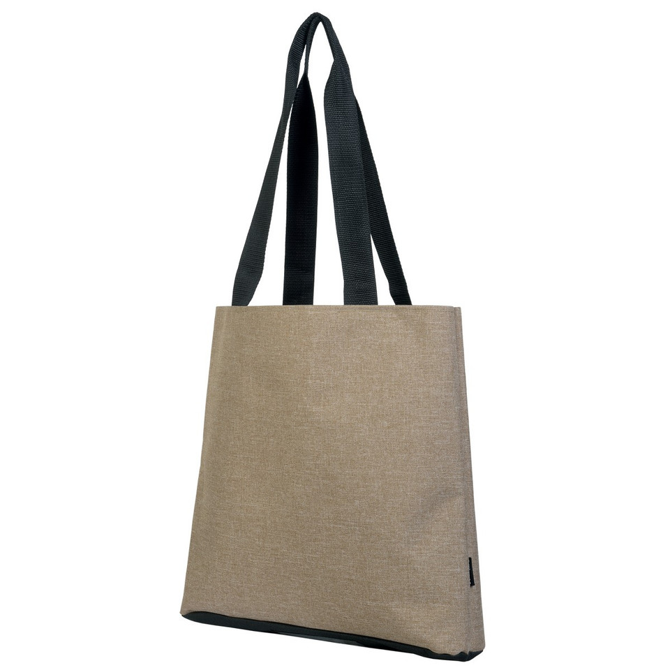 Natural tan heathered tote bag with contrast charcoal webbing handles and black base trim
