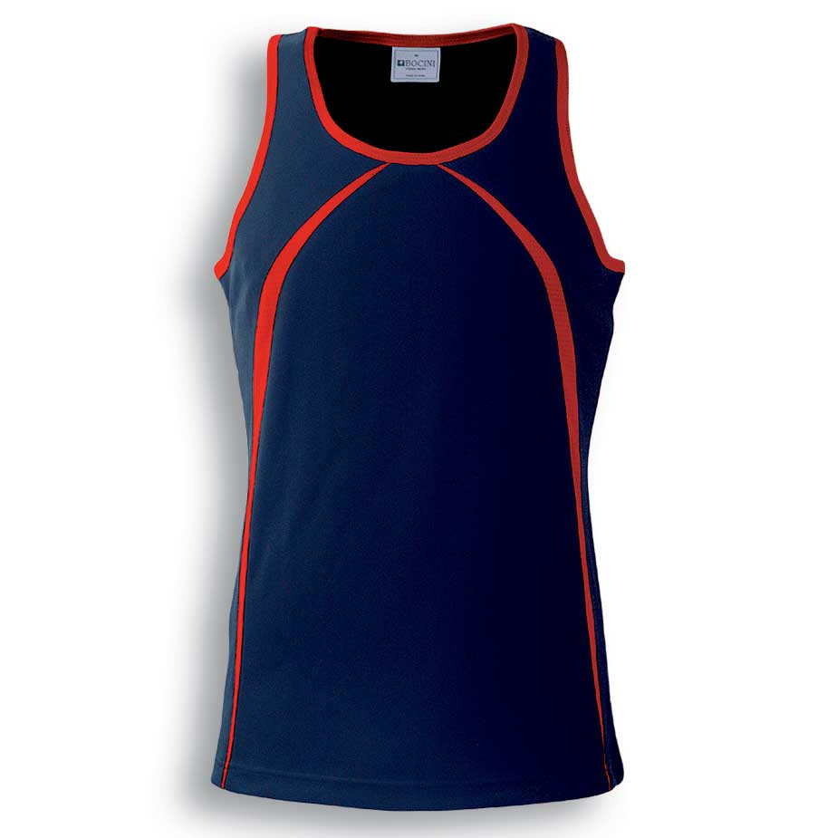 Navy singlet with red contrast piping on neckline, armholes and side panels