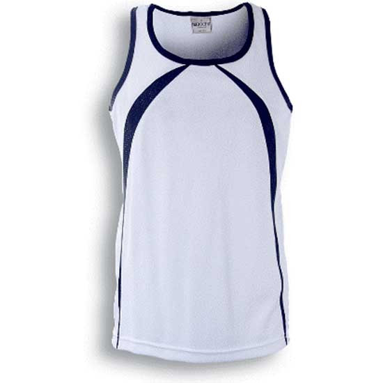 White athletic singlet with navy contrast panels along sides and neckline in breathable fabric
