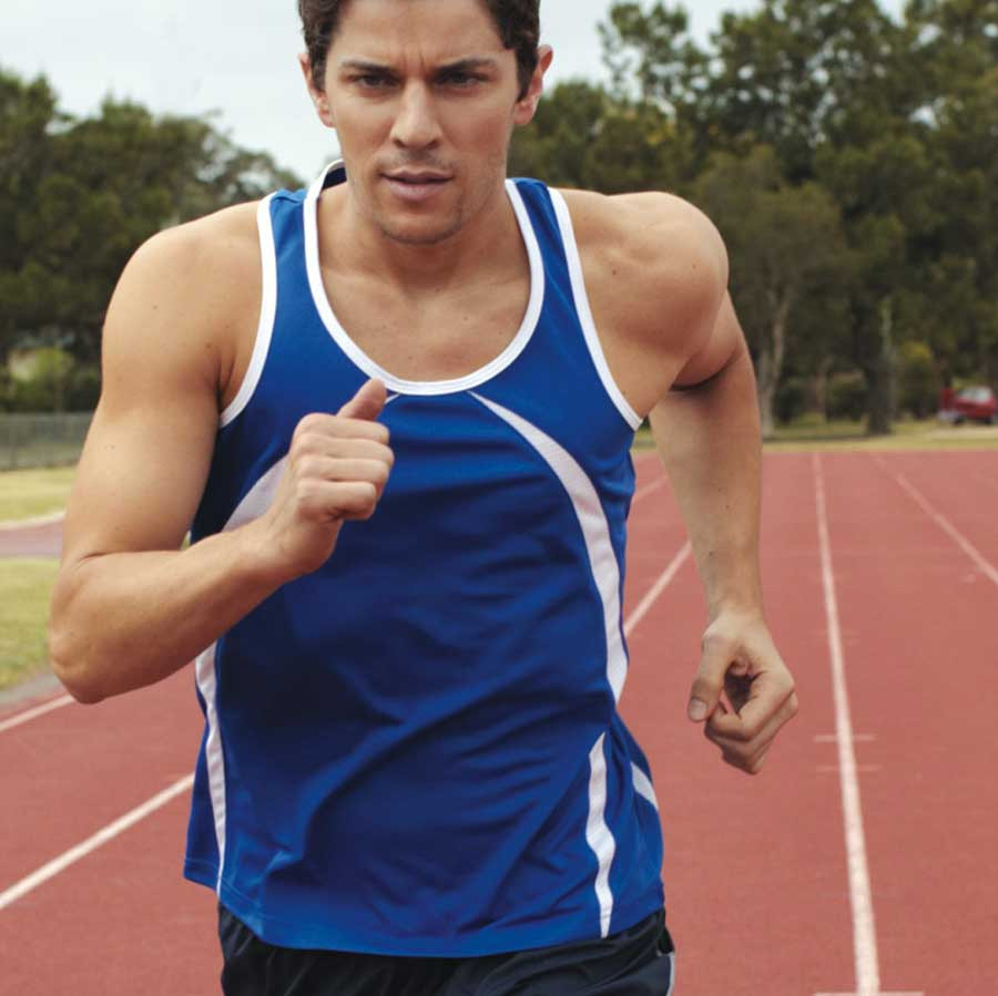 Royal blue athletic singlet with white contrast binding on neck, armholes and side panels