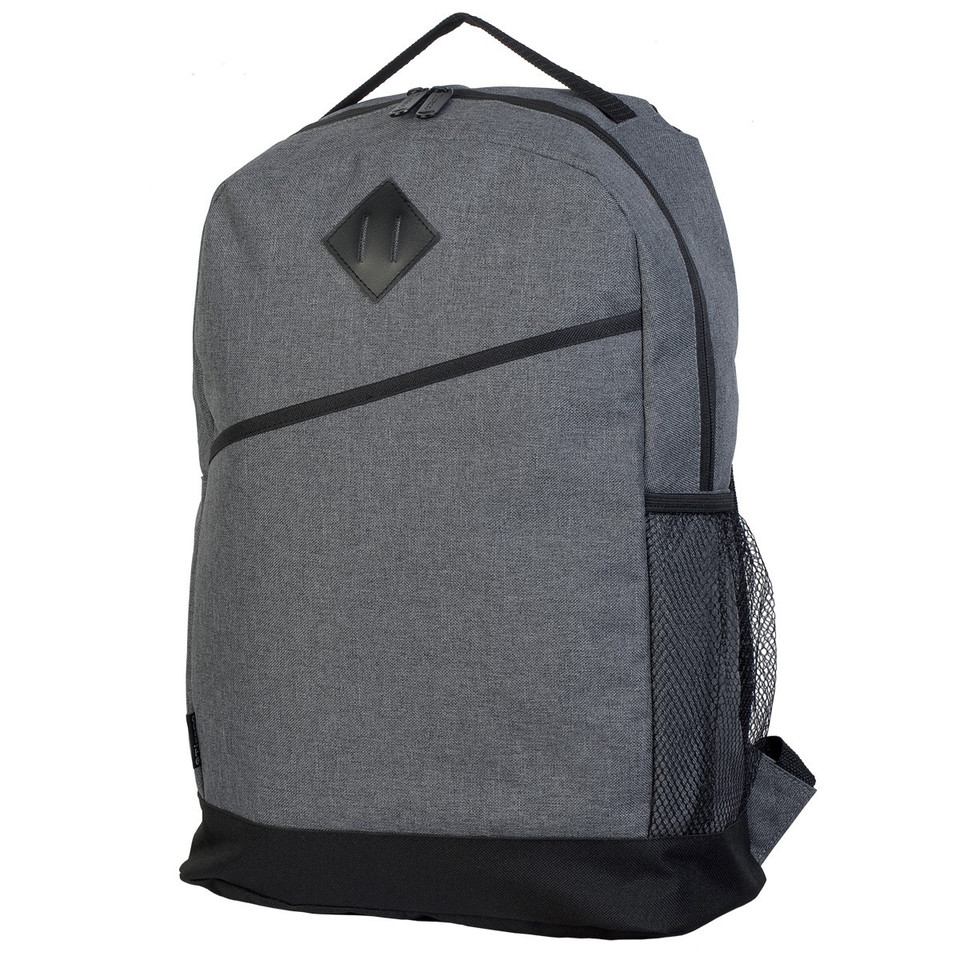 Charcoal grey canvas-style backpack with black diamond patch, diagonal zip pocket, and mesh side pocket