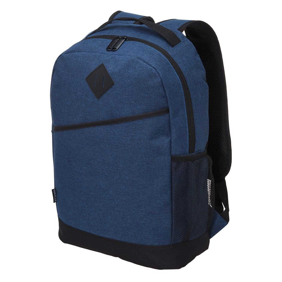 Navy blue canvas backpack with black diamond patch and contrasting black base and straps