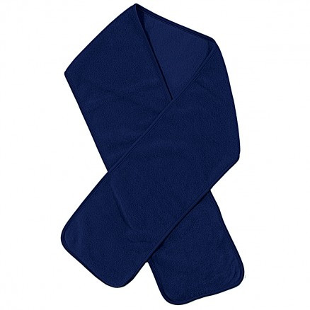Navy polar fleece scarf with rounded ends laid flat in crossed arrangement
