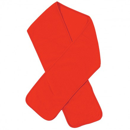Flame red polar fleece scarf laid flat in crossed loop style, smooth soft fabric with clean finished edges