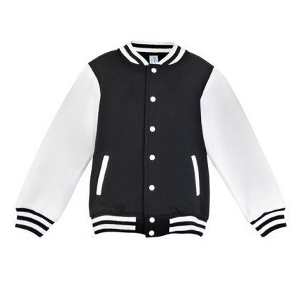 Black+White SPIRIT Kids and Babies Fleecy Varsity Jacket, a warm fleece-lined baseball-style jacket with contrast sleeves, perfect for children's casual wear or infant outerwear.