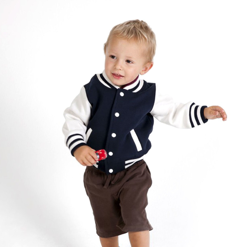 Navy varsity jacket with white contrast sleeves, striped collar and cuffs, white snap buttons