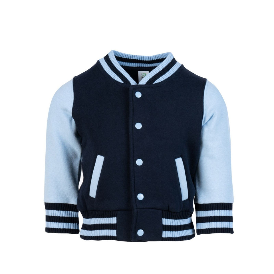 Navy+Sky SPIRIT Kids and Babies Fleecy Varsity Jacket, a warm fleece-lined baseball-style jacket with contrast sleeves, perfect for children's casual wear or infant outerwear.