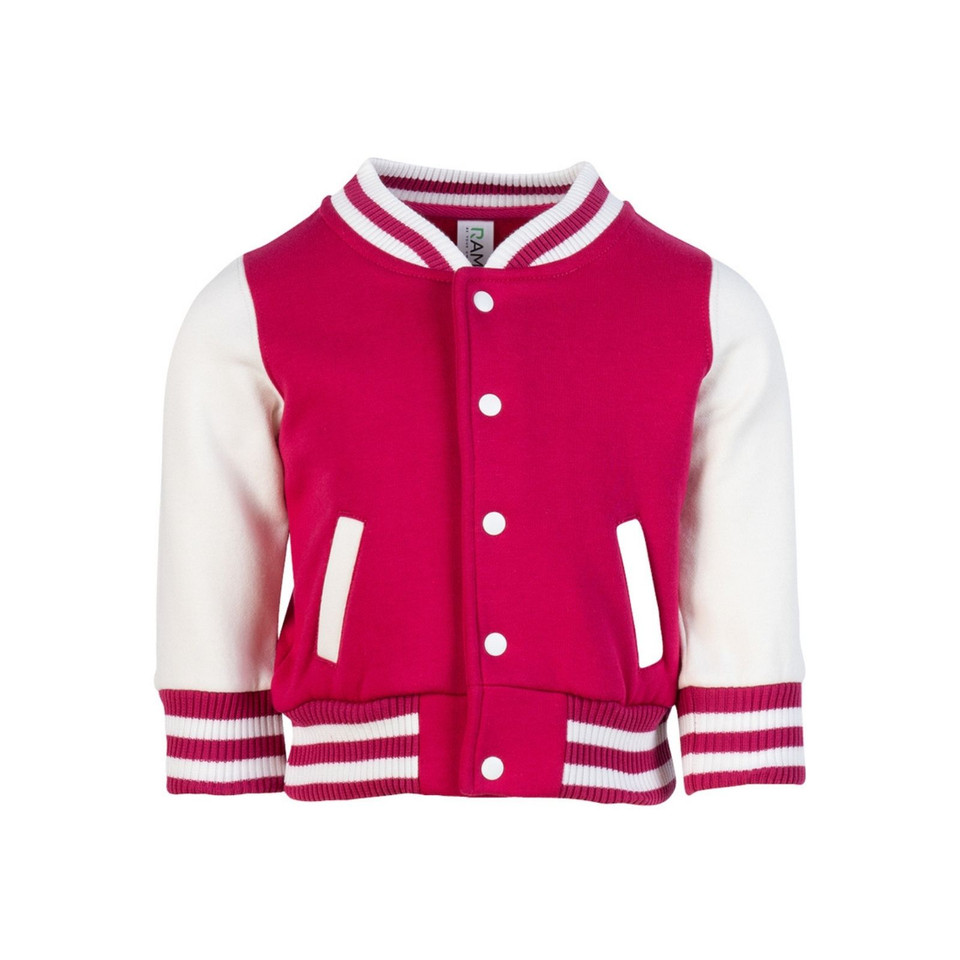 Hot pink and white fleece varsity jacket with white snap buttons, striped collar and cuffs, contrast sleeves and front pockets
