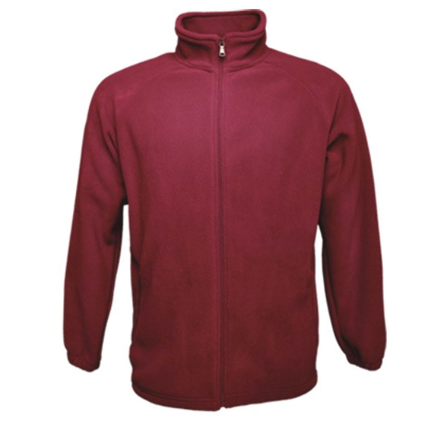 Maroon polar fleece jacket with full zip closure and high collar for kids