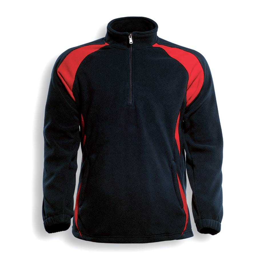 Black half-zip fleece pullover with red and navy contrast shoulder and side panels