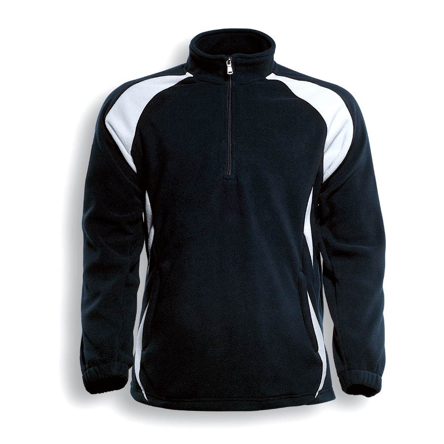 Black half-zip fleece pullover with white contrast panels on shoulders and sides