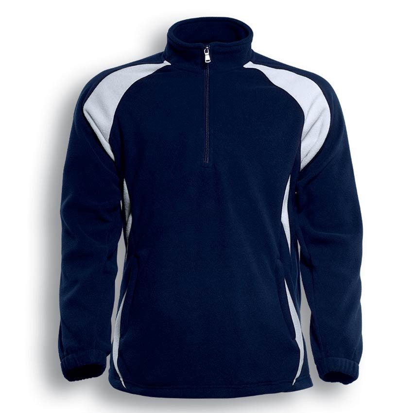 Navy fleece pullover with white contrast panels on shoulders and sides, featuring half-zip neck with white zipper