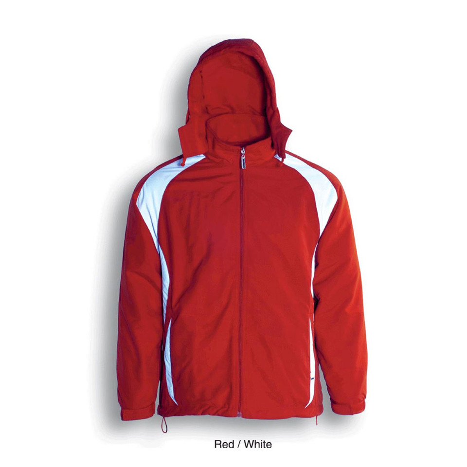 Red fleece jacket with white and maroon colour block panels, hood and full zip front