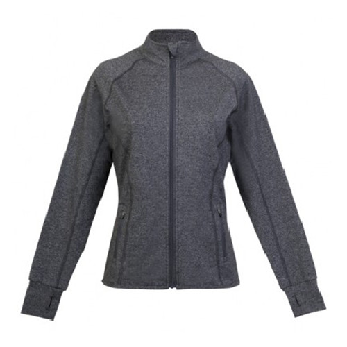 Charcoal heather women's zip-up jacket with stand collar and raglan sleeves