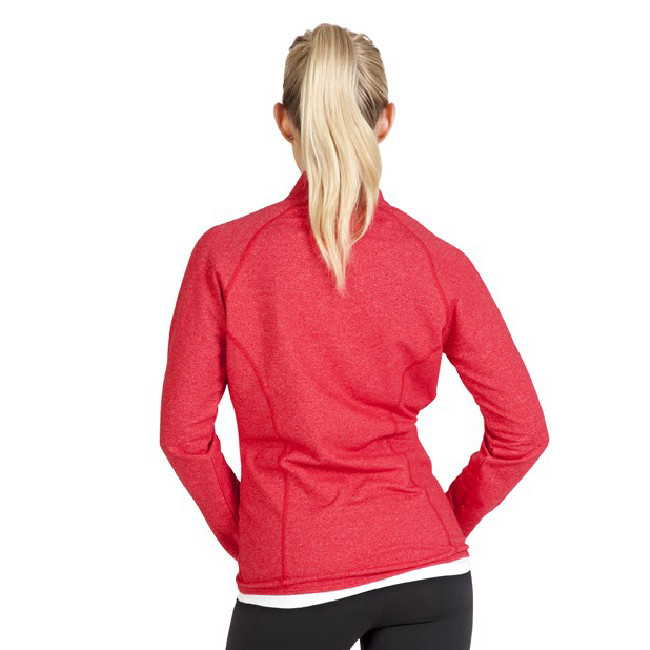 Back view of heather red sports jacket with raglan sleeves and fitted silhouette on female model