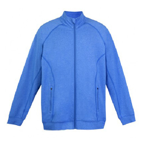 Royal blue heather full-zip jacket with stand collar, raglan sleeves and zippered side pockets