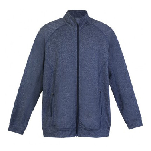 Navy heather fleece jacket with full zip closure, stand collar, raglan sleeves and zip pockets