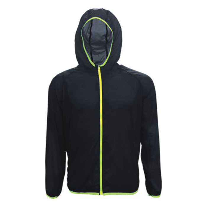 Black foldaway running jacket with lime green contrast zip, trim, and adjustable hood