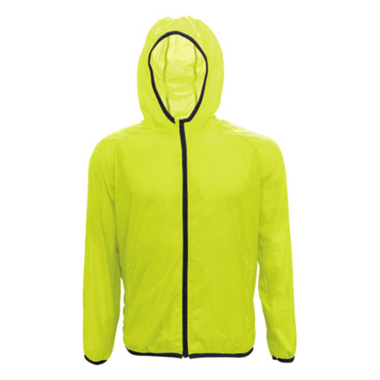 Safety yellow hooded running jacket with black contrast zipper and trim, featuring foldaway design