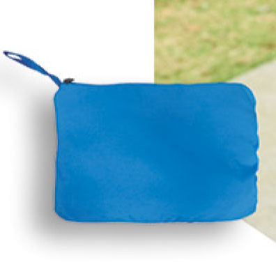 Azure blue zippered pouch with wrist strap lying flat against white surface